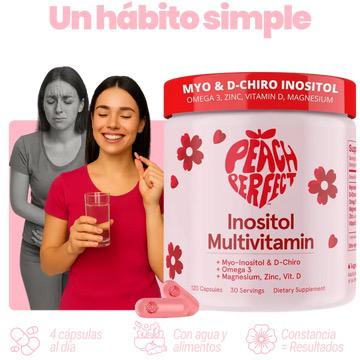 Peach Perfect Balance: Myo Inositol + Vitaminas D3 + Magnesio + Omega 3 – tu rutina para sentirte en control, con energía y piel radiante. 🧴 120 cápsulas